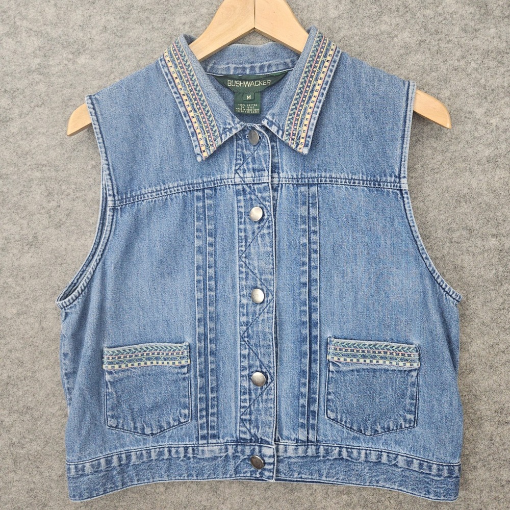 Bushwacker Women's Blue Denim Vest Size M 100% Cotton Pockets Embroidered Collar